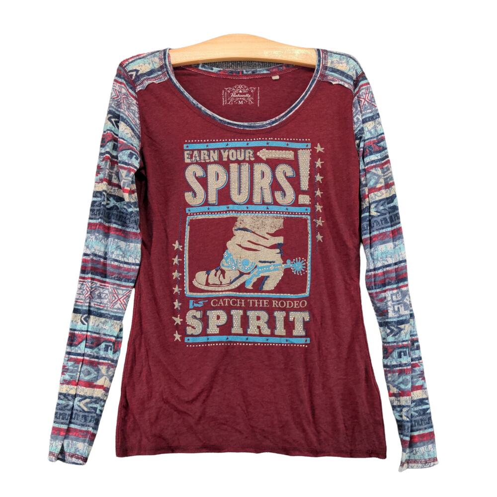 Panhandle Long Sleeve T Shirt Earn Your Spurs Rodeo Spirit Size M Red Western